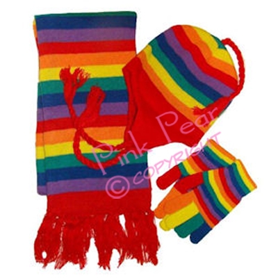 rainbow hat, gloves and scarf set