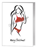 female in red underwear, holly print card