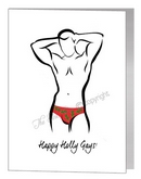 happy holly gays card - man in red pants, holly print - pride xmas