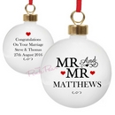 personalised wedding bauble with hearts - mr & mr